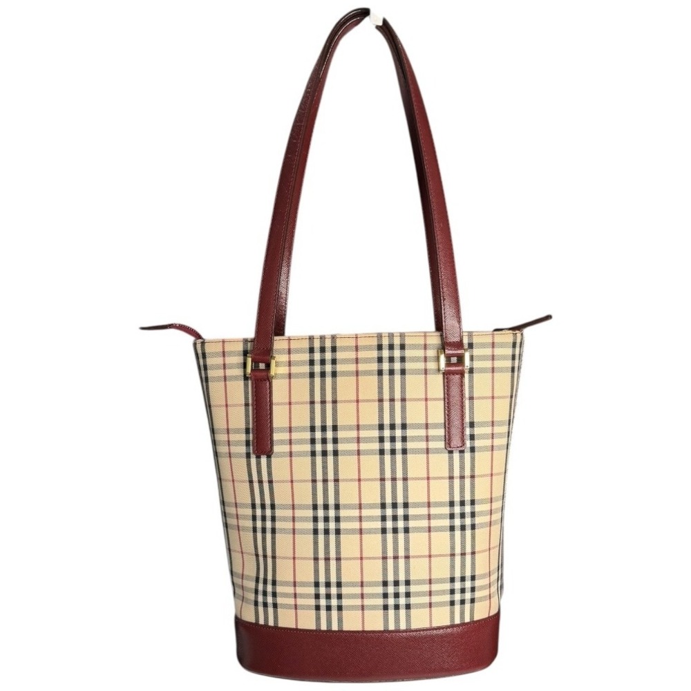 Burberry Small Haymarket Check Tote – Burgundy Trim